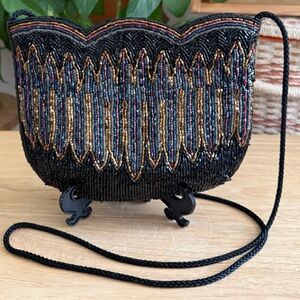 Vintage Black Beaded Evening Crossbody Art Deco Style Cocktail Purse Glam